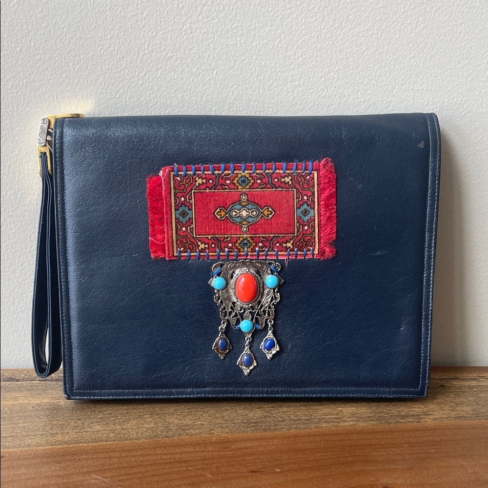Vintage Navy Clutch with Red Embellishment
